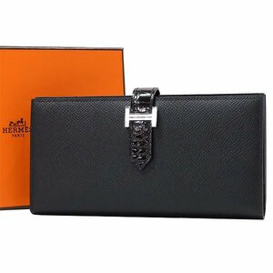 【送料無料】【本物】未使用品★HERMES★エルメス★ベアンスフレタッチ★ブラック★U刻★ヴォーエプソン×アリゲーター★長財布★シルバー