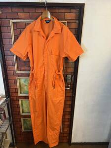 オールインワン ツナギ つなぎ エンジニア メカニック オレンジ系　半袖　重ね着　アメリカ製　ビンテージ　XLくらい ビックサイズ　