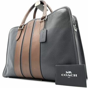 1円《 定価10万円・美品 》COACH コーチ ボンド ビジネスバッグ ブリーフケース 2way レザー シボ革 メンズ ネイビー×ブラウン A4◎ PC◎