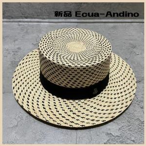 新品 Ecua-Andinoエクアアンディーノ 麦わら帽子 ボーターハット ストローハット ハンドメイド ピンバッジ付き エクアドル製 玉FL2879