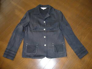 350-77♀： SIMPLE LIFE 　シンプルライフ　㈱レナウン　麻混　薄手ジャケット　春夏　サイズF　色黒　