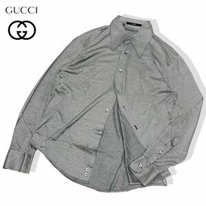 正規品 GUCCI グッチ 113610 Z6099 シルク100% 長袖シャツ ブラウス ドレス L/S shirt ハウンドトゥース 千鳥格子 グレー 40 イタリア製