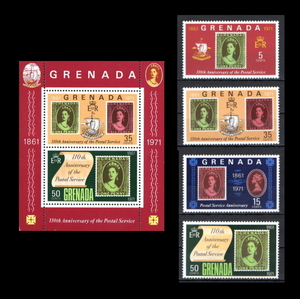 ■グレナダ切手　1971年　郵便事業 110周年　2種シート＋4枚