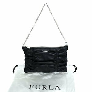 【1円/良品】フルラ FURLA ギャザー ミニバッグ チェーンショルダーバッグ アクセサリーポーチ 2way クラッチ レザー ブラック 肩掛け