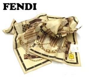 【FENDI】(NO.6973)フェンディ 大判　ハンカチ　イエローベージュ系×ブラウン　ズッカ スカーフにも　未使用　58cm