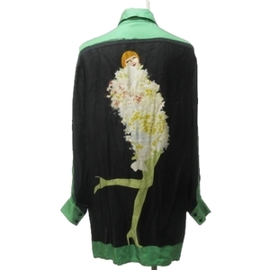 クリスチャンディオール Christian Dior ヴィンテージ 7P ガールプリント シルク シャツ チュニック ロング CDロゴ 刺繍 長袖 黒 緑 36 約S