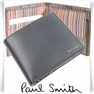 新品1円～★定価3.1万 ポールスミス Paul Smith 箱付 イタリア製 羊革 牛革レザー二つ折り財布 黒 マルチストライプ ウォレット ◆7407◆