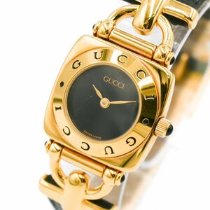 1円 稼働 GUCCI グッチ 6300L ホースビット QZ クオーツ 黒文字盤 ゴールド GP レディース 腕時計 スクエア ブランド 353520240514