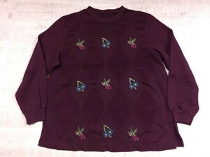 アメカジ ユーズド スリット ダイヤ柄 お花刺繍 フォークロア 90s オールド レトロ 古着 スウェット トレーナー レディース 紫