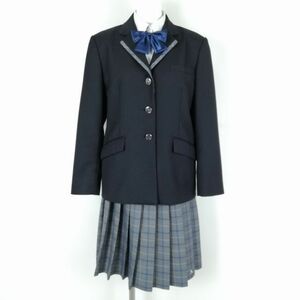 1円 ブレザー チェックスカート リボン 上下4点セット 指定 カンコー 冬物 女子 学生服 大阪芦間高校 紺 制服 中古 ランクB NA1376