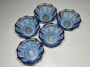 【瑞】ガラス製　藍被せ　十角形　小鉢５客セット