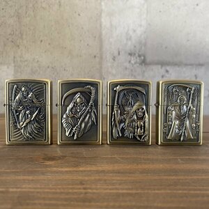 【４個セット】新品 ★ 死神 オイルライター ZIPPO型 ★ 彫刻デザイン DEATH ゴールド 金 コレクション コレクター プレゼント