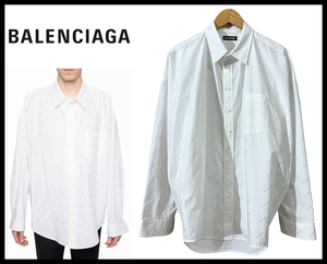 送無 定価118,800円 美品 BALENCIAGA バレンシアガ 20ss Silver Logo Print Shirts オーバー 変形 立体 総柄 シルバー ロゴ シャツ 白 37