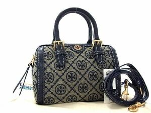 1円 ■新品■未使用■ TORY BURCH トリーバーチ Tモノグラム ジャガード×レザー 2WAY ハンドバッグ ショルダー ネイビー系 AQ4732