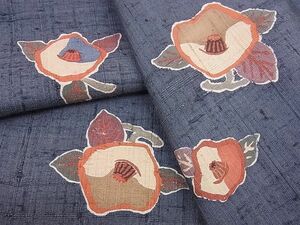 平和屋野田店■上質な紬　型染め　椿　逸品　n-yc5678