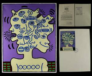 キース・ヘリング Keith Haring アクリルキャンバス 1986年 証明書付 サイン入 [E72なよ]