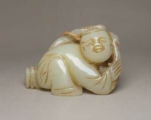 【古寶奇蔵】和田玉製・細密彫・如意童子・置物・賞物・中国時代美術