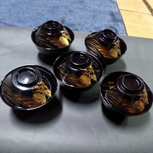 輪島塗吸い物椀山水蒔絵5客富士型、写真で見てお願いします。