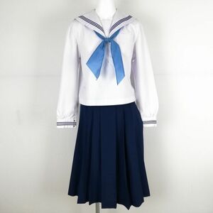 1円 セーラー服 スカート スカーフ 上下3点セット 大きいサイズ 中間服 青3本線 女子 学生服 中学 高校 白 制服 中古 ランクC NA0750