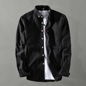 3XL ブラック ボタンダウンシャツ メンズ 長袖 カジュアル コットン スリム ストラップ柄 シンプル 柔らかい ポケット付き 新作