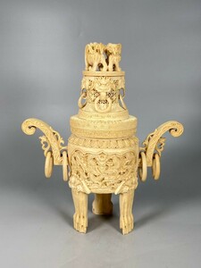  M0599D中国美術 古美術（ 如之作） 東洋雕刻 香炉 置物 時代物 高約 30cm 重約1142g 