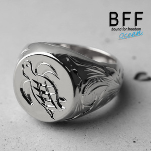 BFF ブランド タートル 印台リング ラージ ごつめ シルバー 18K 銀色 丸型 手彫り 彫金 専用BOX付属 (21号)