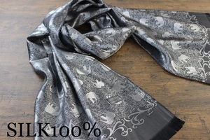 新品【シルク100% SILK】エレファント柄 象柄 メタリックグレー M.GRAY 大判 ストール/スカーフ 訳あり