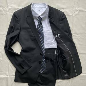 極美品【極上のシルク】SUIT SELECT スーツ シングル セットアップ 2B 黒 背抜き 裏地 光沢感 L位 メンズ 1円