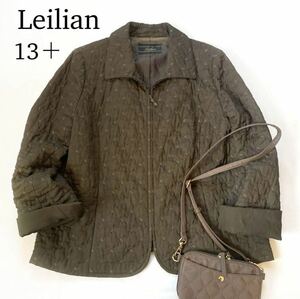 Leilian レリアン 刺繍 中綿 ブルゾン 大きいサイズ 13＋ ブラウン ジャケット キルティングジャケット