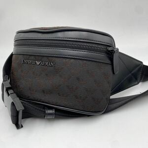 ほぼ未使用!!EMPORIO ARMANI エンポリオアルマーニ ウエストバッグ ボディバッグ ショルダーバッグ ロゴ金具 総柄 レザー キャンバス 黒