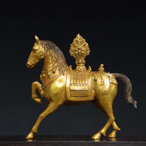 ▽鴻▽ 銅製 塗金 馬到成功 置物 古賞物 中国古玩 中国古美術
