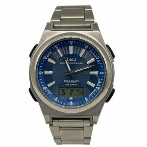 稼働品 CITIZEN シチズン Q&Q デジアナ 電波 ソーラー電源 MD10-232 青文字盤 SS 液晶カレンダー表示 メンズ 腕時計