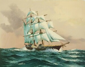 油彩画 洋画 肉筆油絵 F6号 「帆船 海景画」-83- 特価
