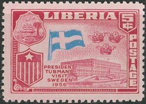 外国切手　リベリア　未使用　1958年　タブマン大統領訪欧　スウェーデン　黄色印刷モレエラー