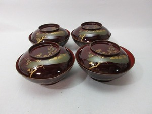 ZG06013 【 古い 茶道具 汁椀 蓋付 金彩梅絵 4客組 箱無 】 検) 茶懐石 吸物椀 雑煮椀 木製漆器 漆塗 茶事 来客 料亭 レトロ 和物ⅰ 