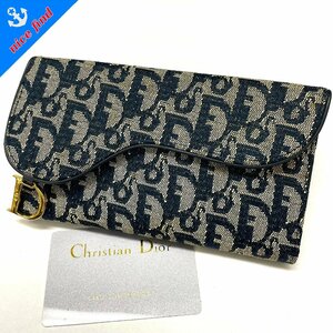 ◆クリスチャン ディオール Christian Dior◆トロッター柄 TR0072 サドル 三つ折り 長財布 ネイビー キャンバス ウォレット Gカード付