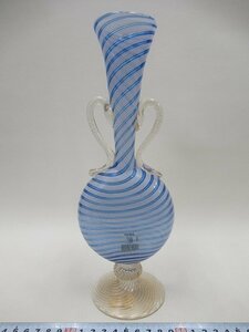 D1641 VETRI MURANO ヴェトリ ムラーノ ムラノ レースガラス ベース ブルー 耳付花瓶