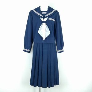 1円 セーラー服 スカート スカーフ 上下3点セット 冬物 白3本線 女子 学生服 中学 高校 花紺 制服 中古 ランクC NA1203