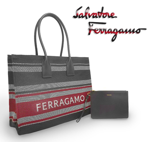 【超美品 ほぼ未使用】 フェラガモ Ferragamo ショルダートートバッグ ポーチ付 ナイロン キャンバス レザー 本革 ブラック レッド 大容量