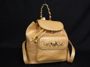 1円 ■新品■未使用■ GIANNI VERSACE ジャンニヴェルサーチ サンバースト オーストリッチ型押しレザー リュック イエロー系 AC8623