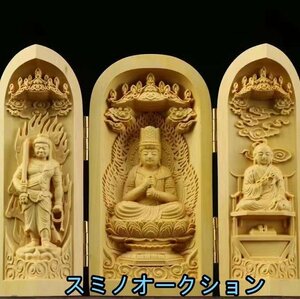 人気美品 ★木彫り 真言宗 三尊 不動明王 大日如来 弘法大師 ミニ型仏龕