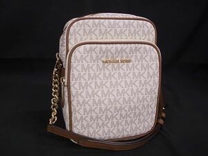 1円 ■新品同様■ MICHAEL KORS マイケルコース MK柄 PVC×レザー ショルダーバッグ ポシェット 斜め掛けかばん アイボリー系 AZ3140