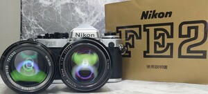 【終活整理】 Nikon FE2＋Ai NIKKOR 50mm f1.2 シンデレラ＋105mm f2.5 中望遠 単焦点2本セット 各動作良好 露出計OK 外観光学良好 説明書