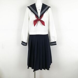 1円 セーラー服 スカート スカーフ 上下3点セット 中間服 グレー3本線 女子 学生服 高知岡豊高校 白 制服 中古 ランクC NA1813