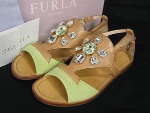 ■新品同様■ FURLA フルラ レザー×ハラコ ビジュー サンダル サイズ 39(約26cm) 靴 シューズ レディース ベージュ系×グリーン系 AT0613