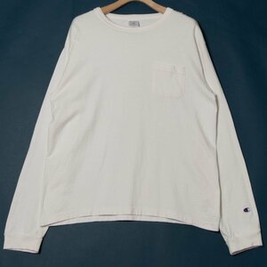 USA製 Champion チャンピオン サイズL クルーネック プルオーバー 長袖 Tシャツ 無地 シンプル 白/ホワイト コットン100％ メンズ トップス