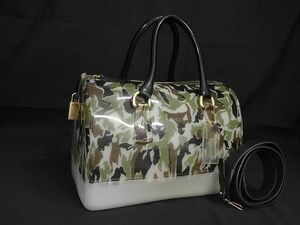 1円 FURLA フルラ キャンディバッグ PVC カモフラージュ柄 迷彩柄 ハンドバッグ ボストンバッグ グリーン系×マルチカラー BJ2754