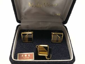 Moda Uomo 虎眼石 オニキス デザイン カフス＆タイタック ケース付属【検/虎目石/タイガーアイ】