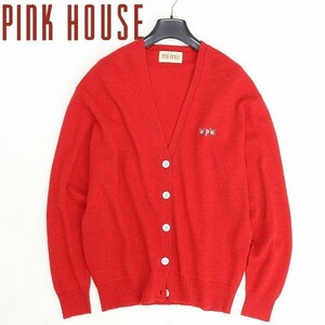 ヴィンテージ◆PINK HOUSE ピンクハウス 花 フラワー＆ロゴ刺繍 ウール ニット カーディガン 赤 レッド