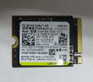 ◎中古 WD 256GB SSD SN740 NVMe PCle Gen4×4 SDDPTQD-256G-1012 使用時間:3時間 電源投入回数:30回